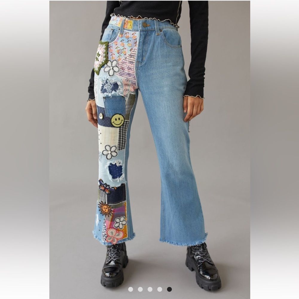 NWT BDG crocheted flared smiley jeans craft high rise floral Urban Outfitters